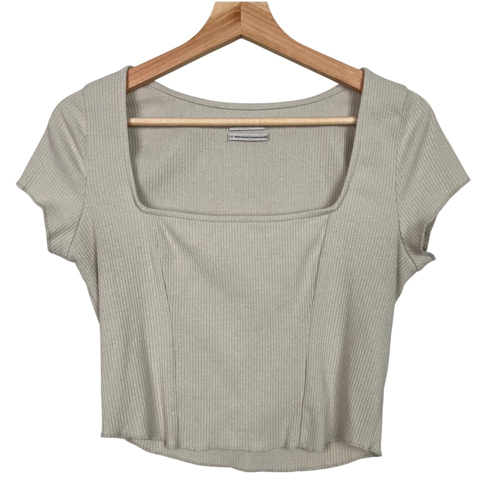 Urban Outfitters Beige Square Neck Ribbed Cropped Top‎ Size Large Short Sleeve